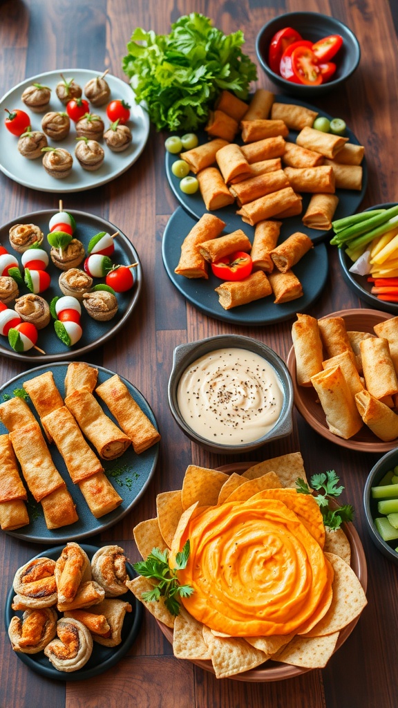 A colorful assortment of appetizers including mini caprese skewers, stuffed mushrooms, spring rolls, and a buffalo chicken dip.